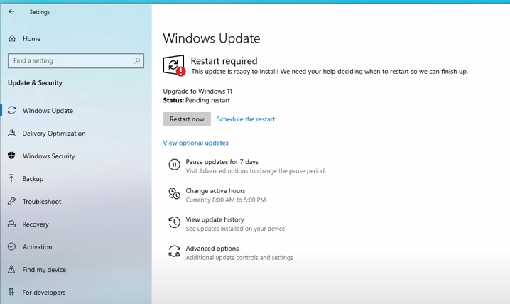 Restart required for Windows 11